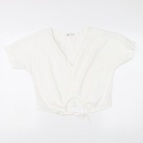 Zara Womens White Cropped V-Neck Tie Blouse Size S