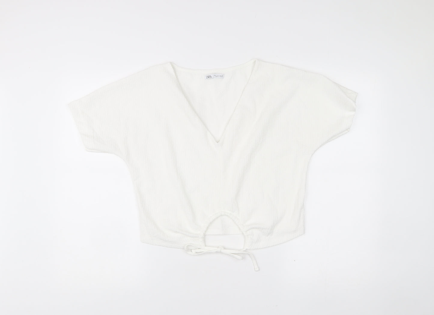 Zara Womens White Cropped V-Neck Tie Blouse Size S