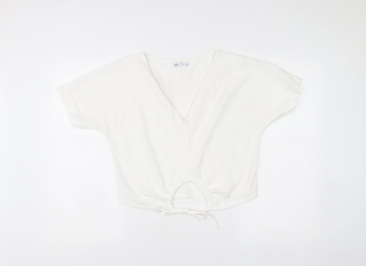 Zara Womens White Cropped V-Neck Tie Blouse Size S