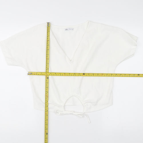 Zara Womens White Cropped V-Neck Tie Blouse Size S
