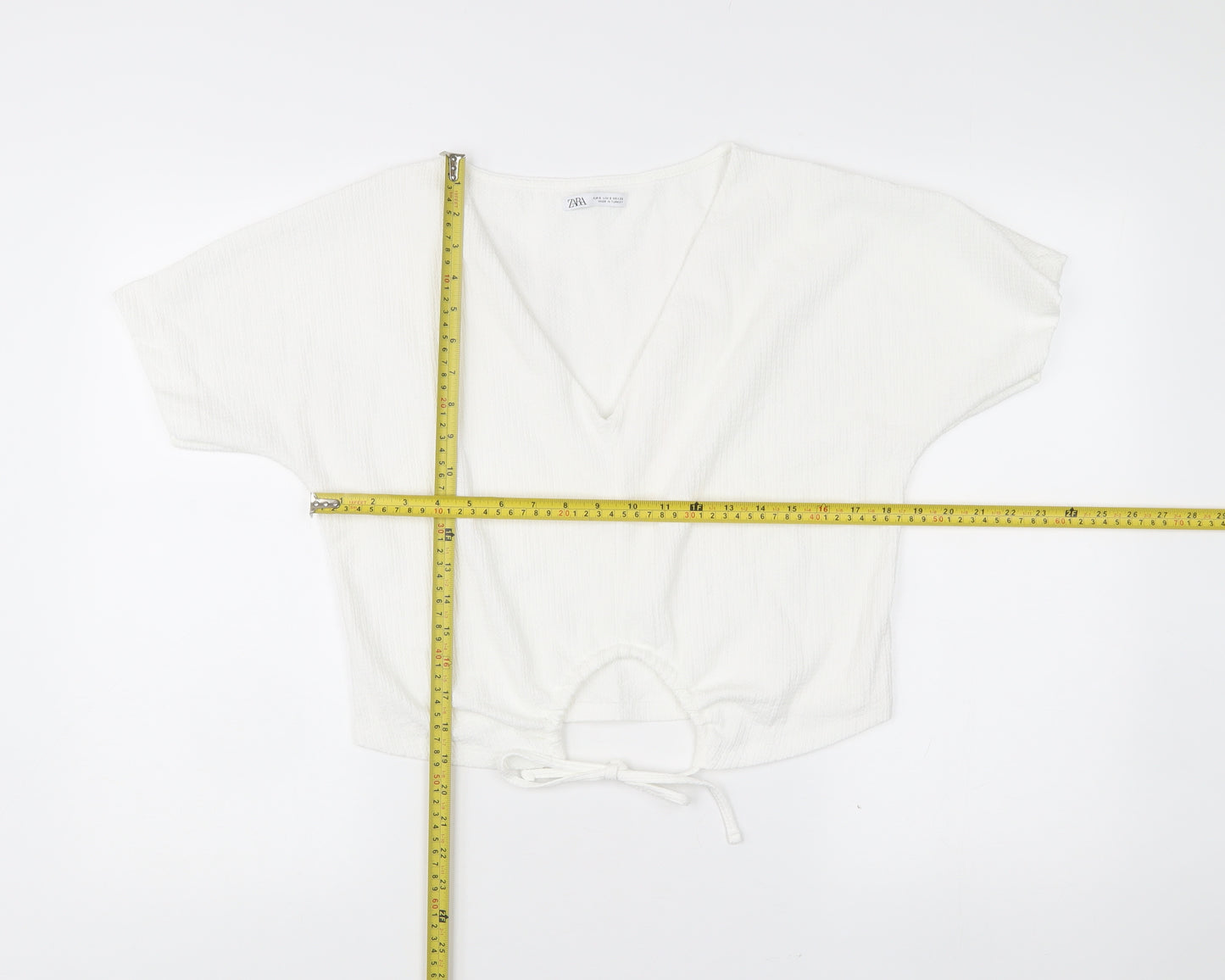 Zara Womens White Cropped V-Neck Tie Blouse Size S