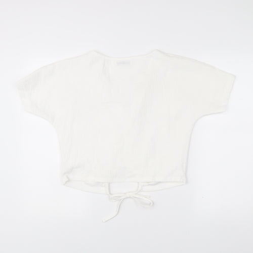 Zara Womens White Cropped V-Neck Tie Blouse Size S