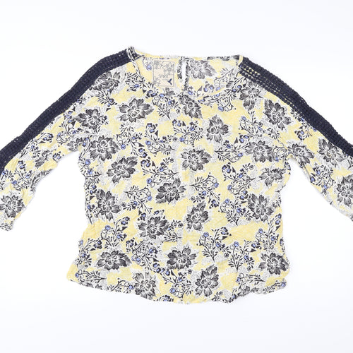 M&Co Women’s Yellow Floral Crochet 3/4 Sleeve Tunic Blouse Size 14