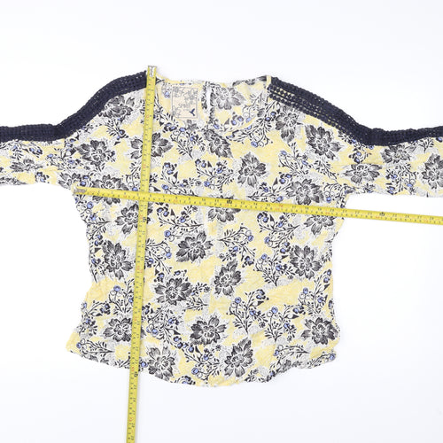 M&Co Women’s Yellow Floral Crochet 3/4 Sleeve Tunic Blouse Size 14