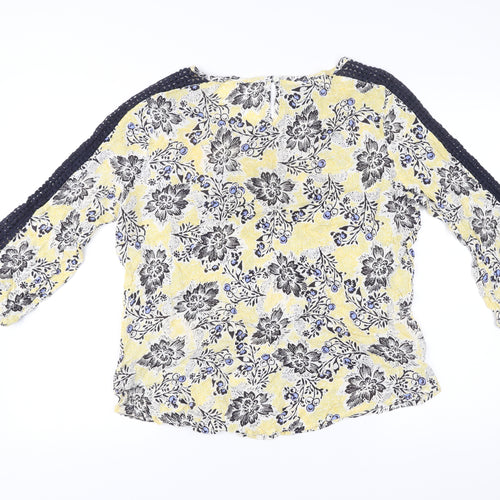 M&Co Women’s Yellow Floral Crochet 3/4 Sleeve Tunic Blouse Size 14