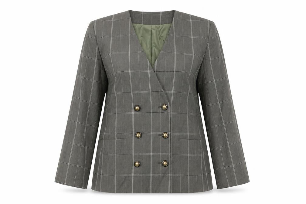 Front view of Atrium Petite Women’s Green Check Double-Breasted Blazer, size UK 8