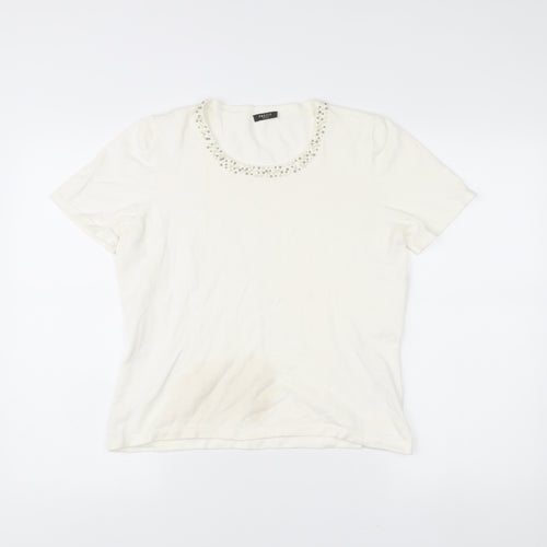 Precis Petite Women Ivory Beaded Scoop Neck Short Sleeve T-Shirt M