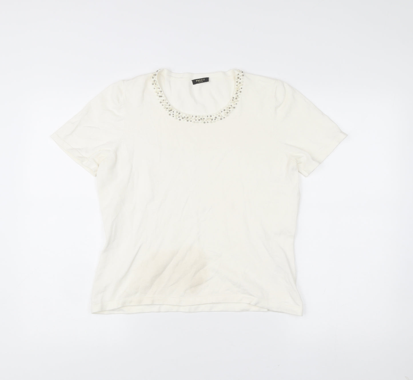 Precis Petite Women Ivory Beaded Scoop Neck Short Sleeve T-Shirt M