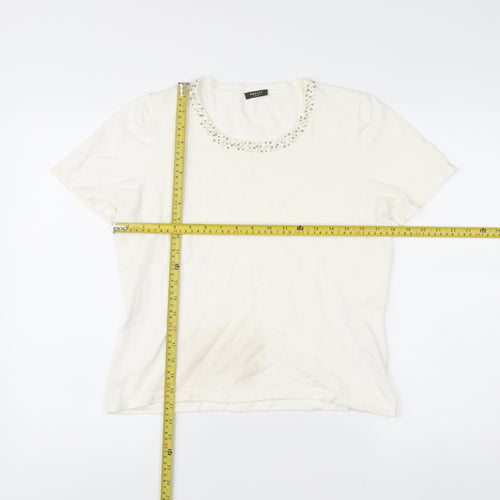 Precis Petite Women Ivory Beaded Scoop Neck Short Sleeve T-Shirt M