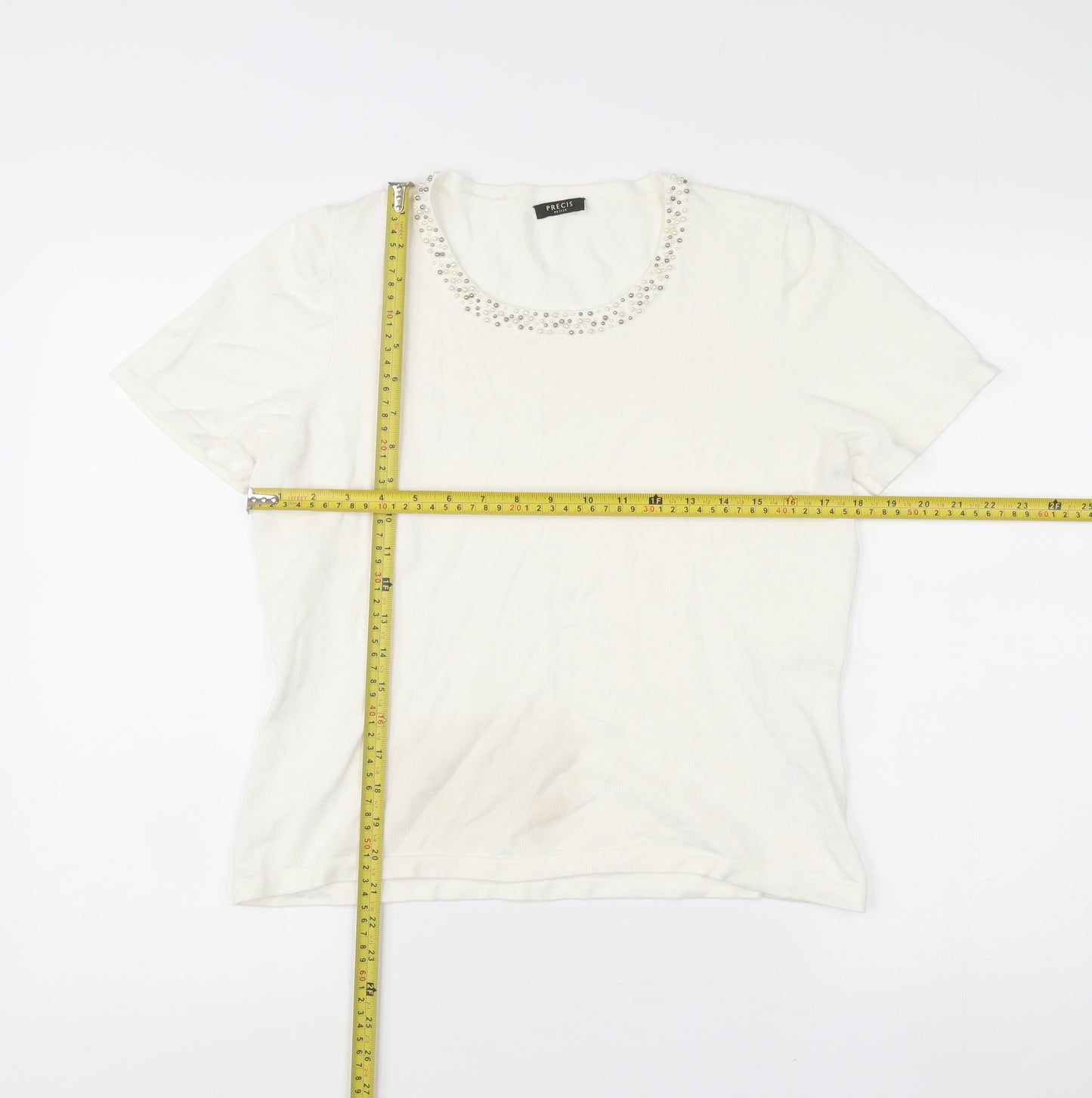 Precis Petite Women Ivory Beaded Scoop Neck Short Sleeve T-Shirt M
