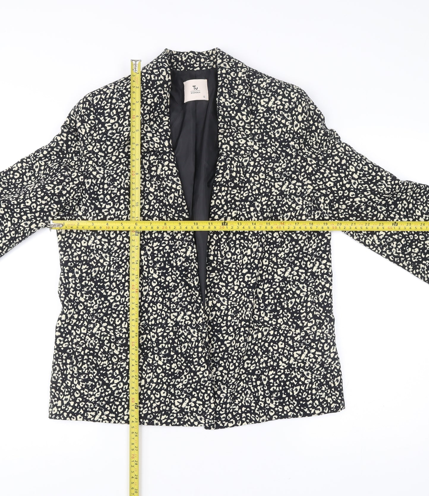 Tu Women Black Animal Print Blazer Jacket Size 12 Polyester