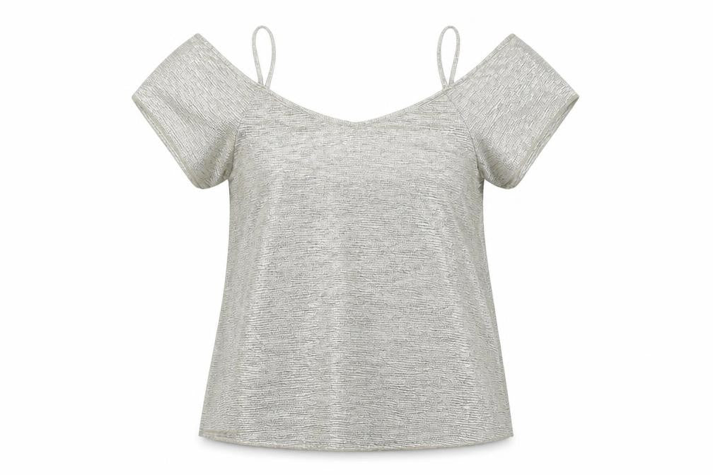 Front view of Peacocks women’s silver cold shoulder glitter party top, size UK 12