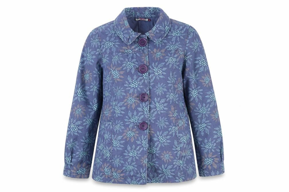 Front view of Monsoon women’s blue floral cotton trench coat, size UK 12