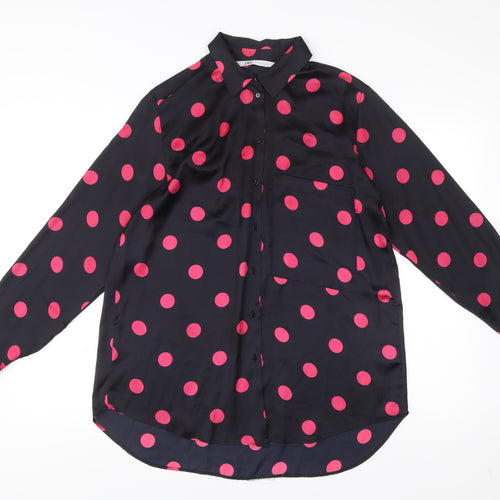 Zara Women Black Polka Dot Button-Up Blouse Size M Long Sleeve
