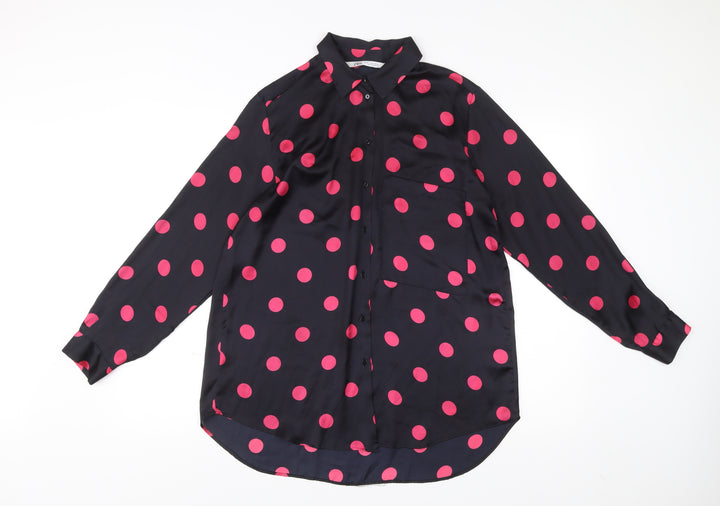 Zara Women Black Polka Dot Button-Up Blouse Size M Long Sleeve
