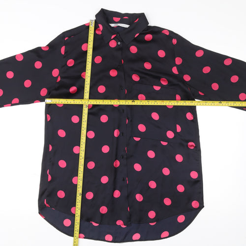 Zara Women Black Polka Dot Button-Up Blouse Size M Long Sleeve