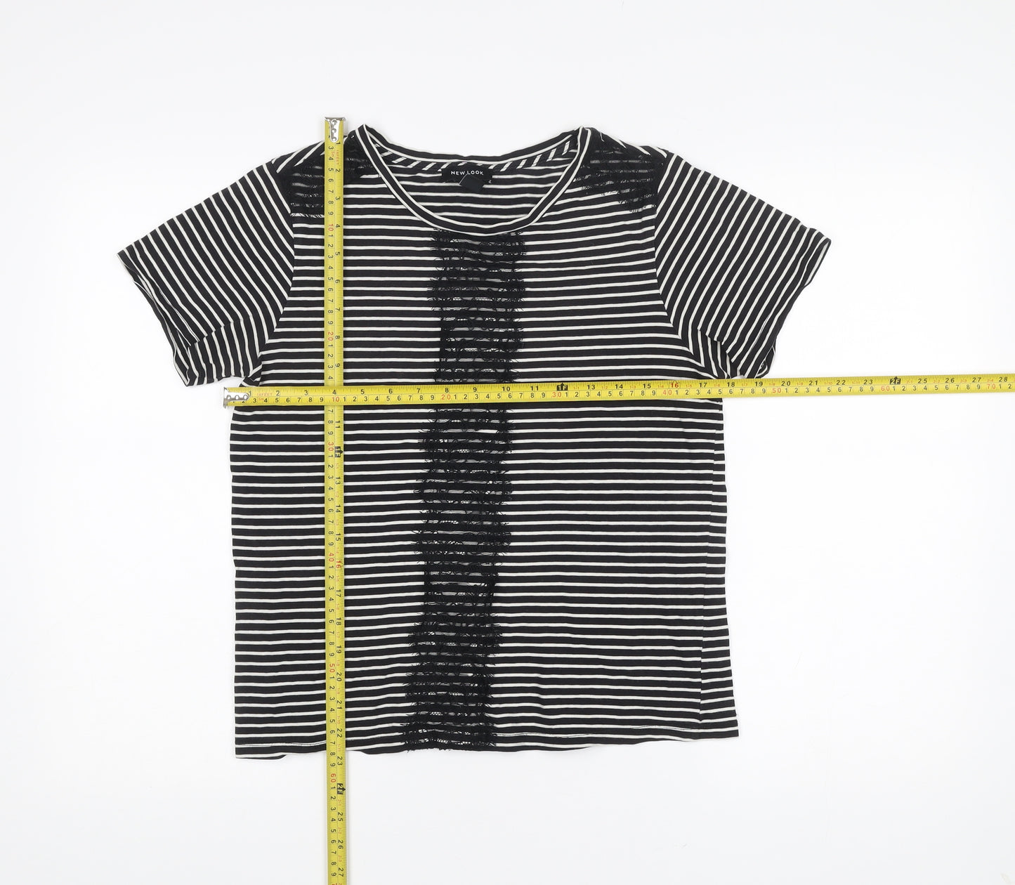 New Look Womens Black Striped Lace Accent T-Shirt Size 12