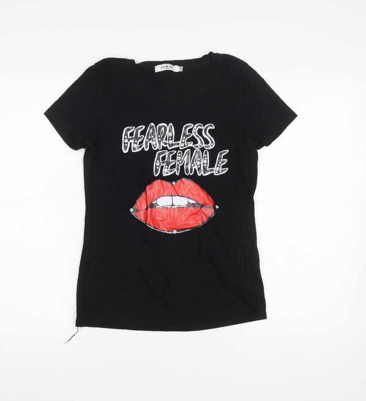 Yu & Me Paris Women's Black S T-Shirt Fearless Female Studded