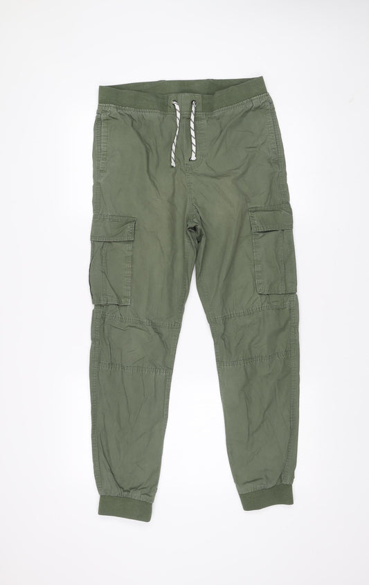 H&M Girls Green Cargo Trousers 14 Years Cotton Elastic Waist Pockets