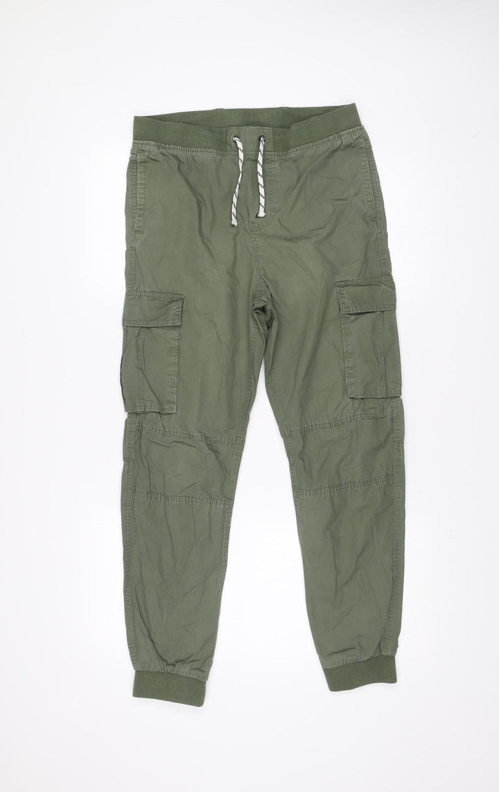 H&M Girls Green Cargo Trousers 14 Years Cotton Elastic Waist Pockets