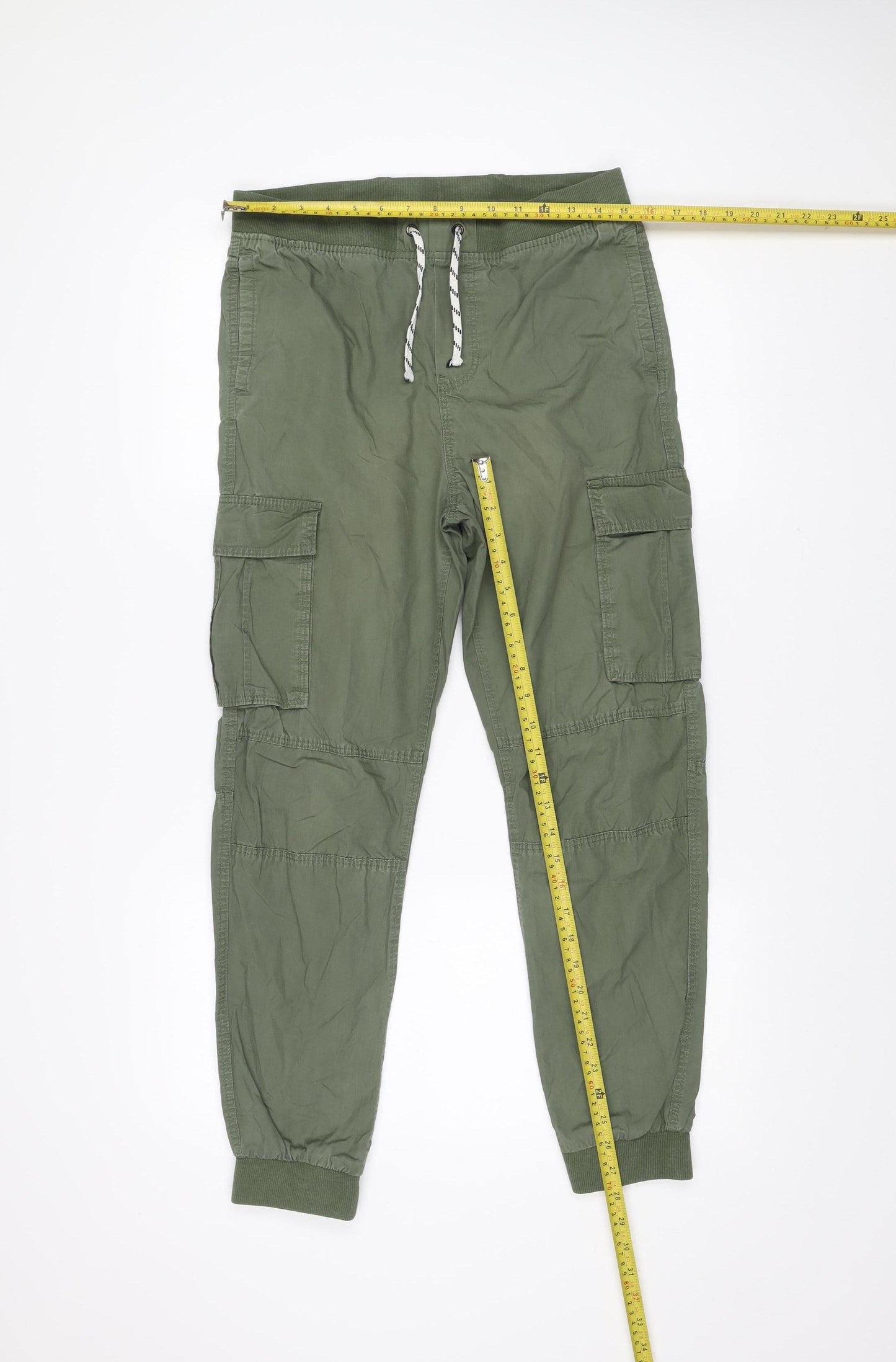 H&M Girls Green Cargo Trousers 14 Years Cotton Elastic Waist Pockets