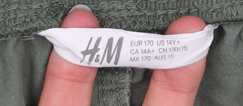 H&M Girls Green Cargo Trousers 14 Years Cotton Elastic Waist Pockets