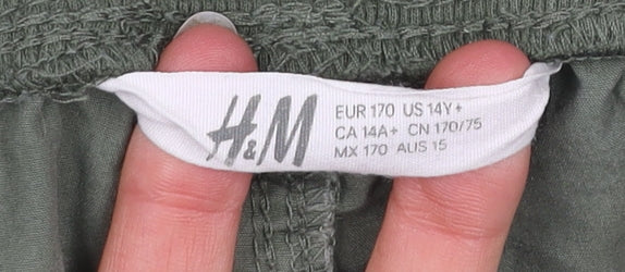 H&M Girls Green Cargo Trousers 14 Years Cotton Elastic Waist Pockets