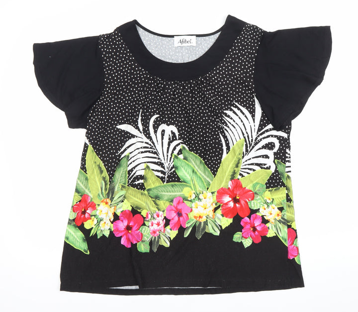 Afibel Women’s Black Floral Tunic Top Size 16/18 Viscose Blend