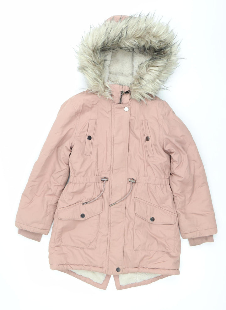 Next Girls Pink Parka Coat Age 8 Years Hooded Faux Fur Trim Winter Jacket
