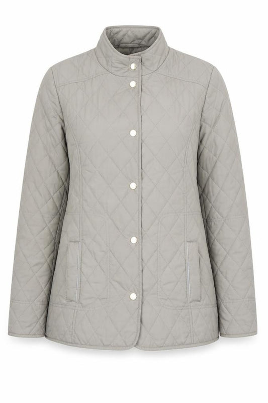 Front view of Marks & Spencer women’s beige quilted jacket, size UK 8, casual mid-length