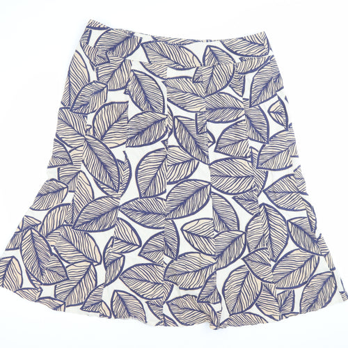 EWM Womens Blue Beige Leaf Print A-Line Skirt Size 14 Linen Blend