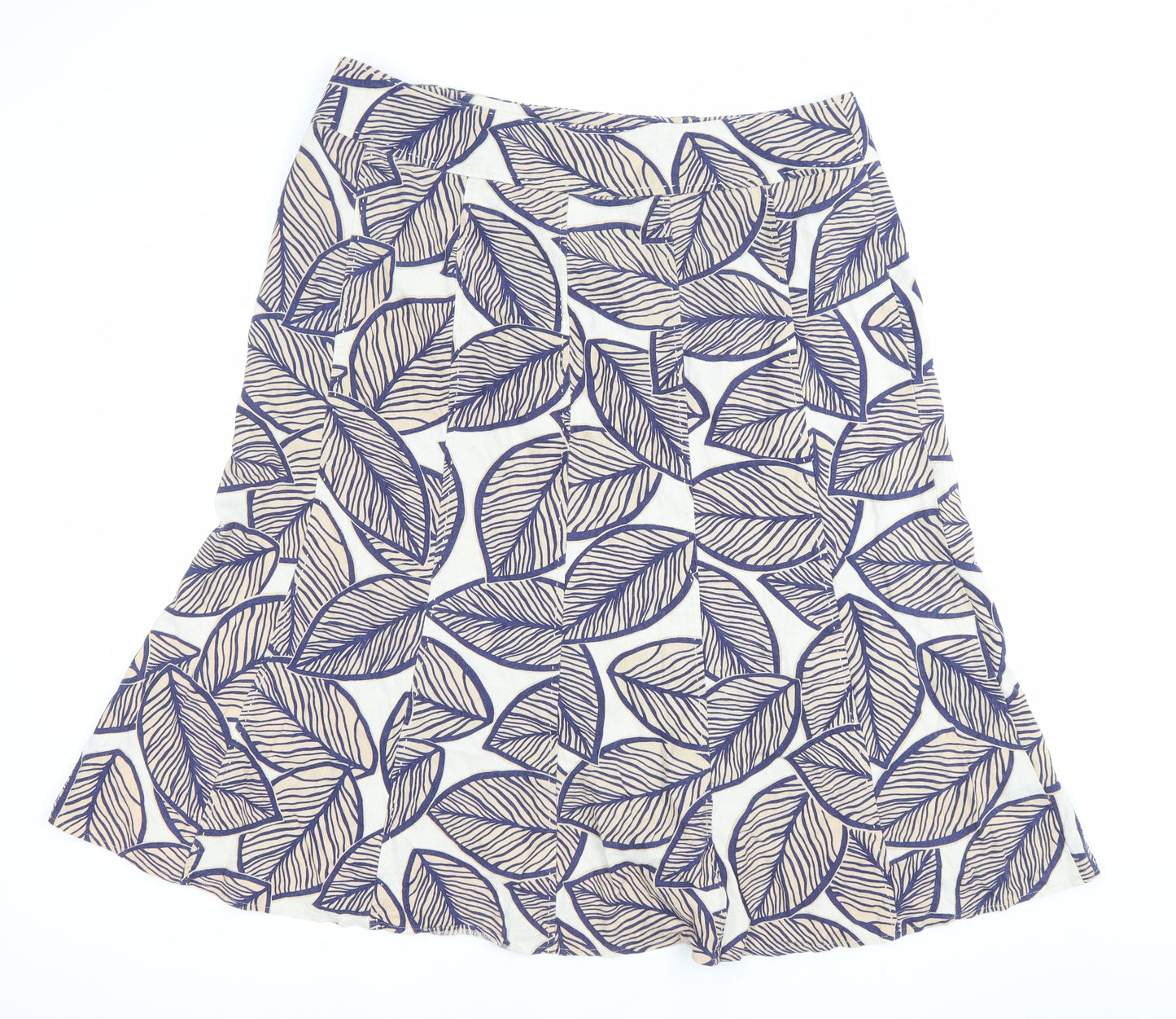 EWM Womens Blue Beige Leaf Print A-Line Skirt Size 14 Linen Blend