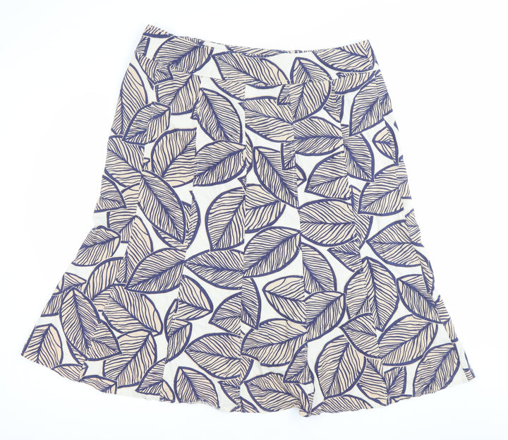 EWM Womens Blue Beige Leaf Print A-Line Skirt Size 14 Linen Blend