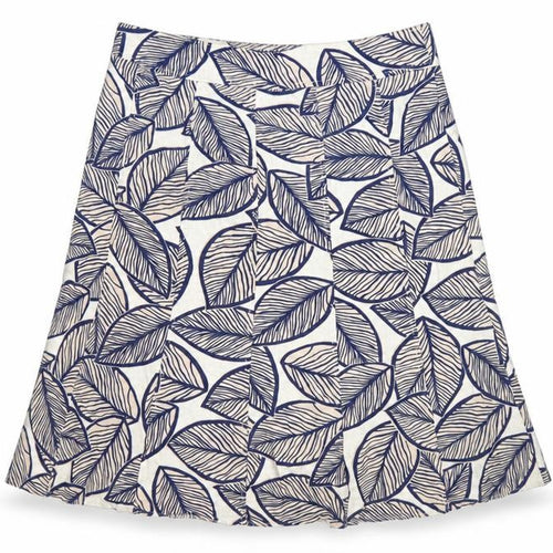 EWM Womens Blue Beige Leaf Print A-Line Skirt Size 14 Linen Blend