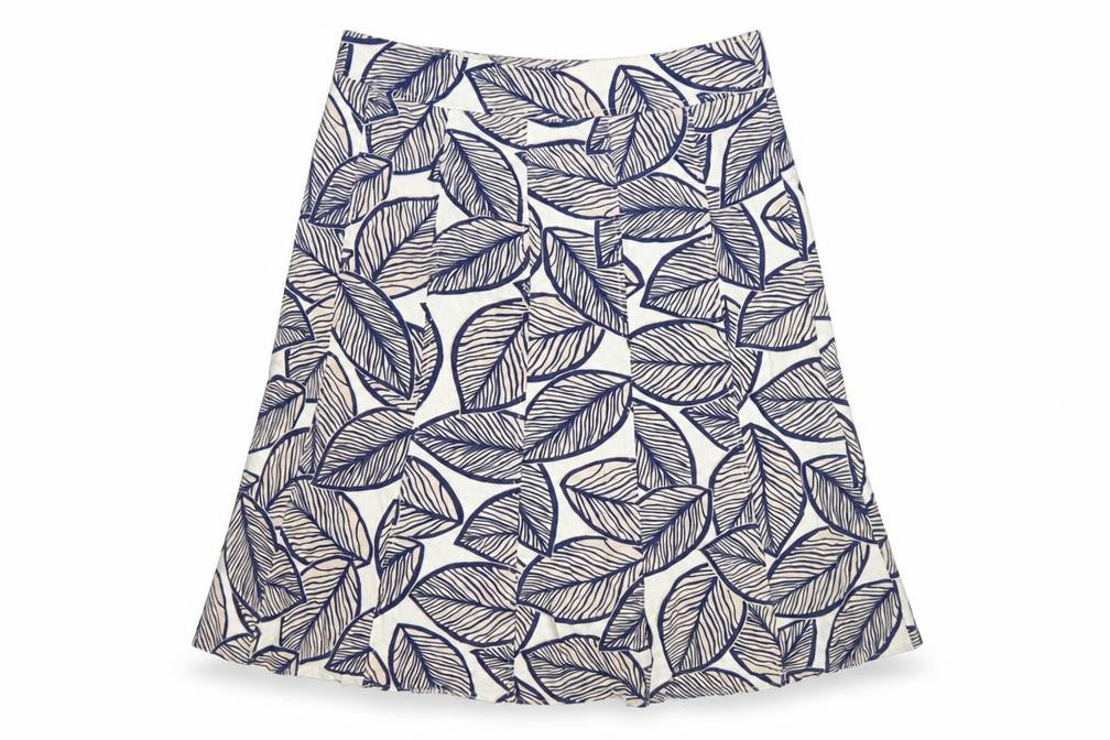 EWM Womens Blue Beige Leaf Print A-Line Skirt Size 14 Linen Blend