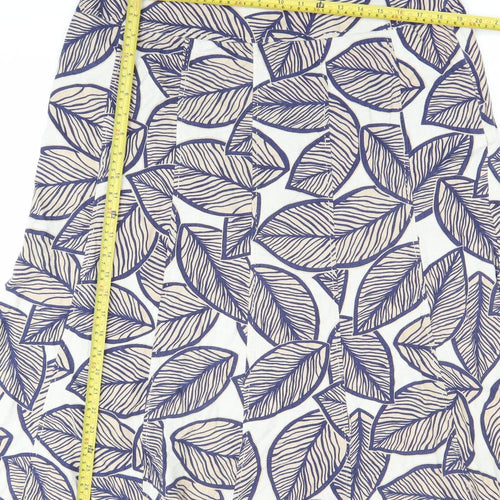 EWM Womens Blue Beige Leaf Print A-Line Skirt Size 14 Linen Blend