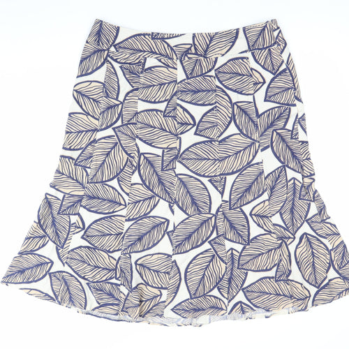 EWM Womens Blue Beige Leaf Print A-Line Skirt Size 14 Linen Blend