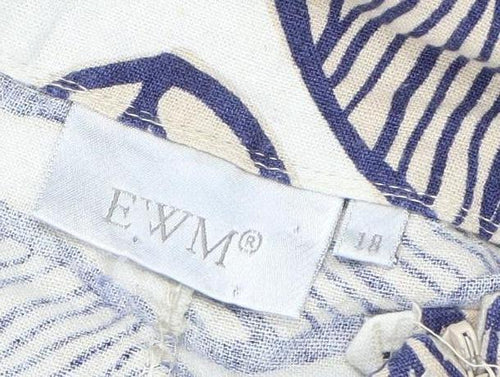 EWM Womens Blue Beige Leaf Print A-Line Skirt Size 14 Linen Blend