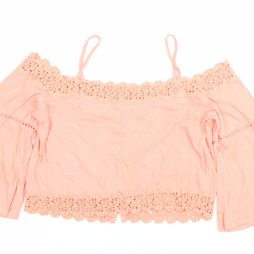Topshop Women’s Pink Crochet Cropped Blouse Size 10 Off Shoulder