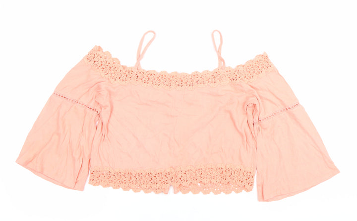 Topshop Women’s Pink Crochet Cropped Blouse Size 10 Off Shoulder