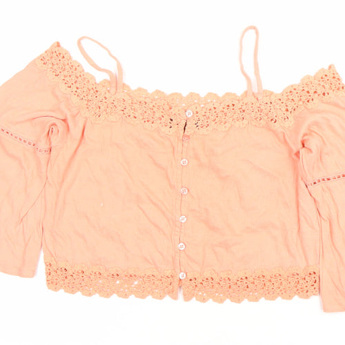 Topshop Women’s Pink Crochet Cropped Blouse Size 10 Off Shoulder