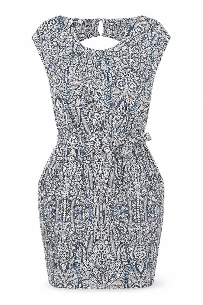 Front view of Warehouse women’s multicoloured paisley strapless bodycon dress, size UK 12