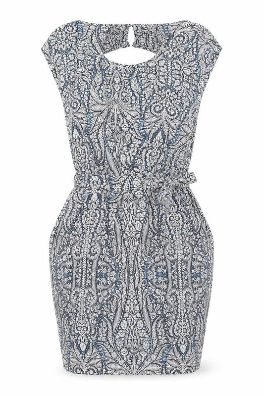 Front view of Warehouse women’s multicoloured paisley strapless bodycon dress, size UK 12