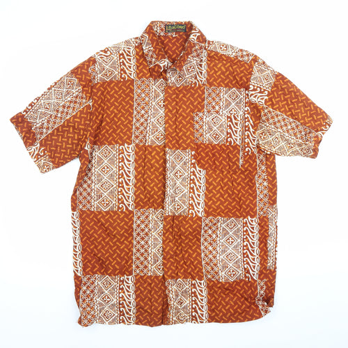 Bawonoo Men Brown M Geometric Hawaiian Short Sleeve Cotton Shirt