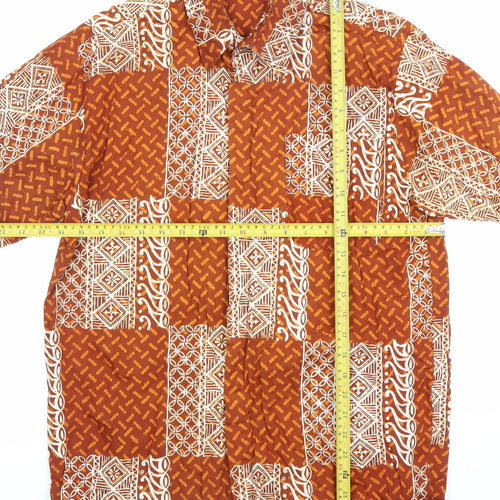 Bawonoo Men Brown M Geometric Hawaiian Short Sleeve Cotton Shirt