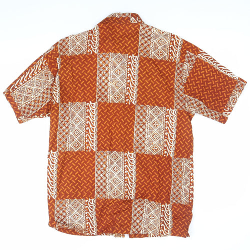 Bawonoo Men Brown M Geometric Hawaiian Short Sleeve Cotton Shirt