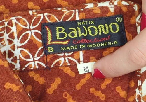 Bawonoo Men Brown M Geometric Hawaiian Short Sleeve Cotton Shirt