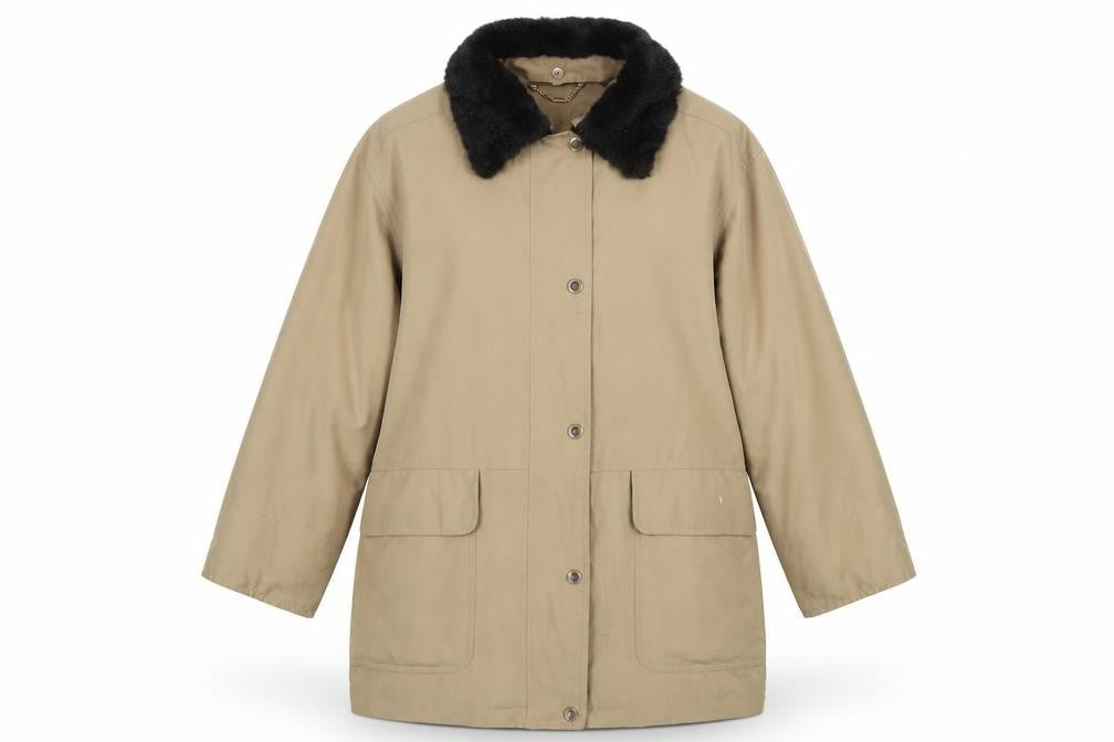 Front view of Viyella women’s beige coat l classic overcoat with fur collar