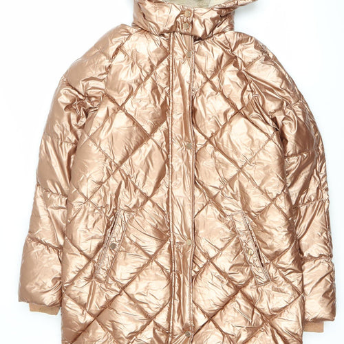 Next Girls Gold Quilted Puffer Coat 14Y Hooded Winter Jacket
