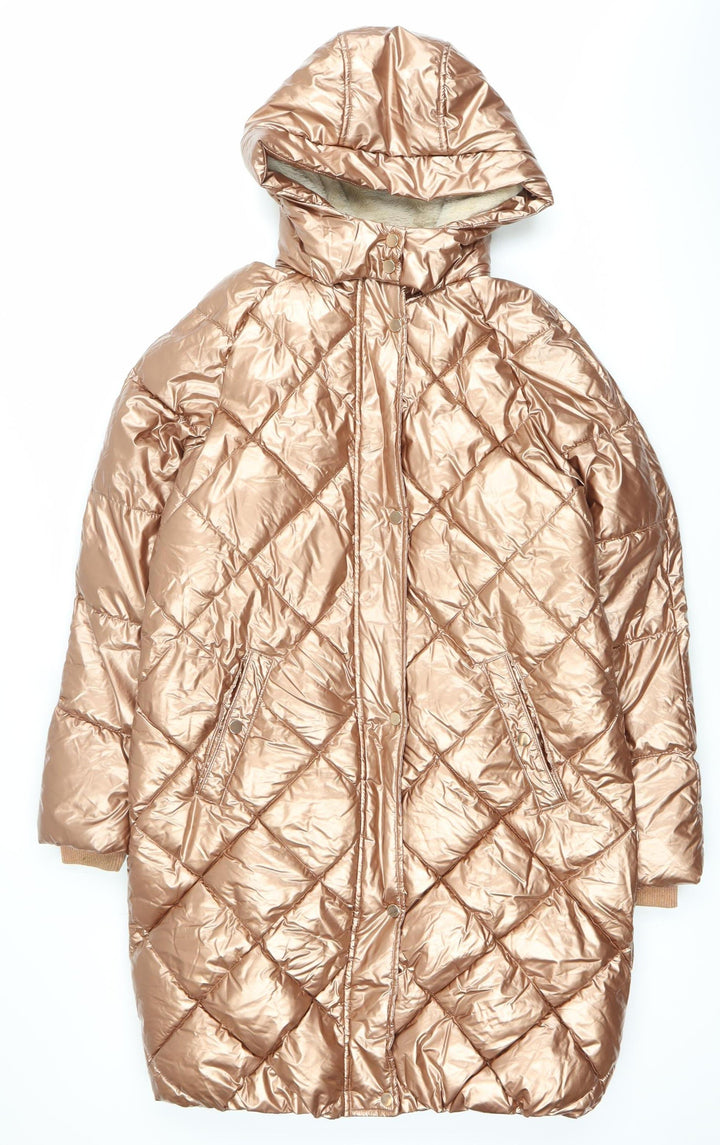 Next Girls Gold Quilted Puffer Coat 14Y Hooded Winter Jacket